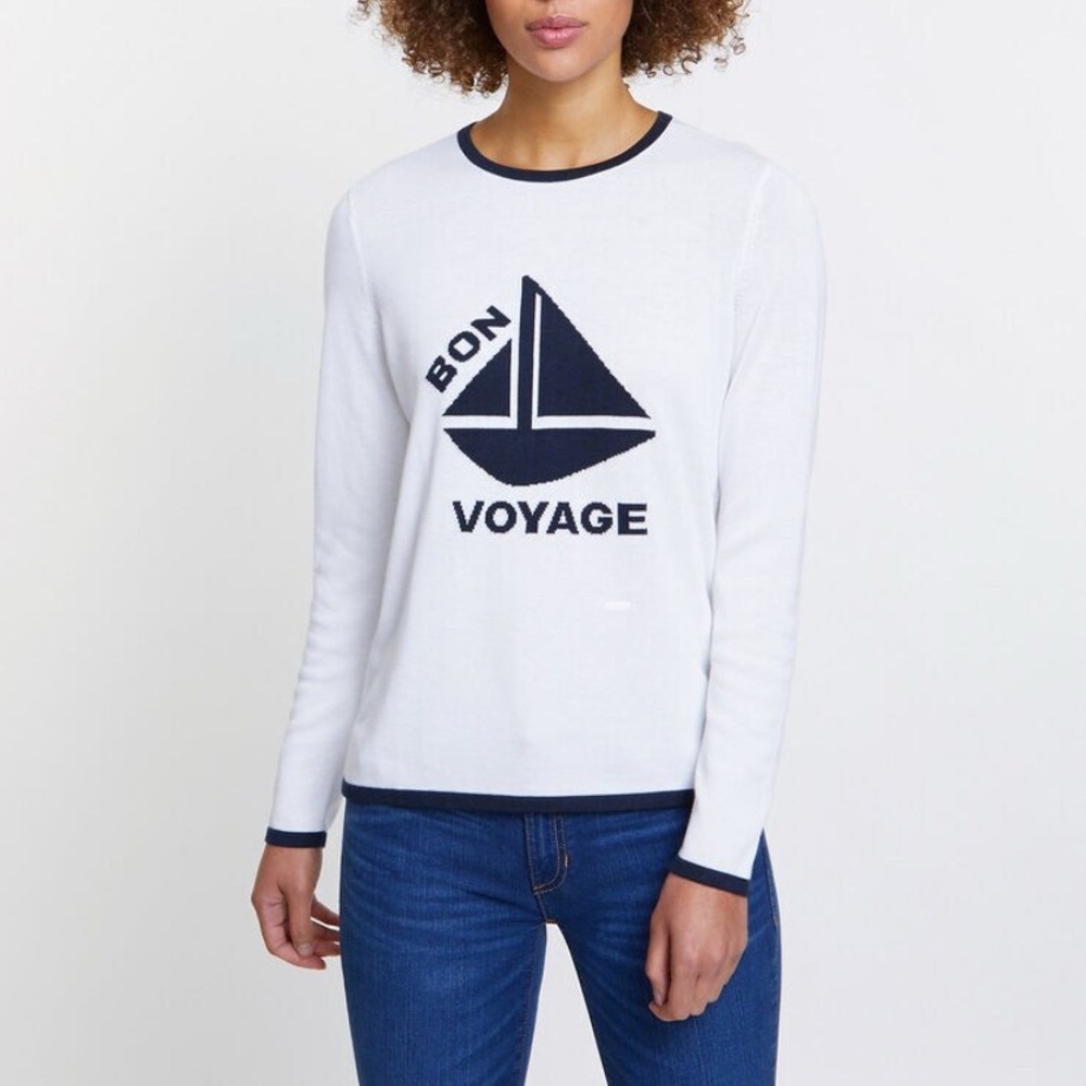 Nautica Bon Voyage White and Navy Women's Cruise Vacation Sweater Size XL